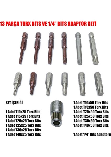 13 Parça Adaptörlü Torx Bits Seti