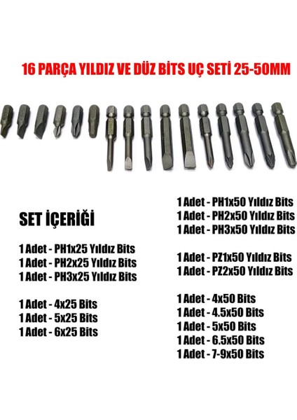 16 Parça Yıldız Ve Düz Bits Uç Seti 25-50Mm