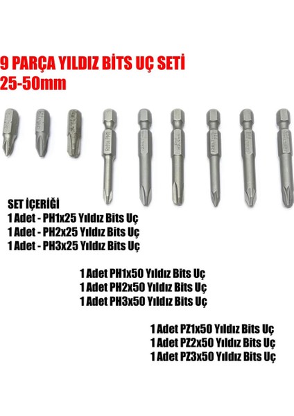 9 Parça Yıldız Bits Seti 25-50Mm