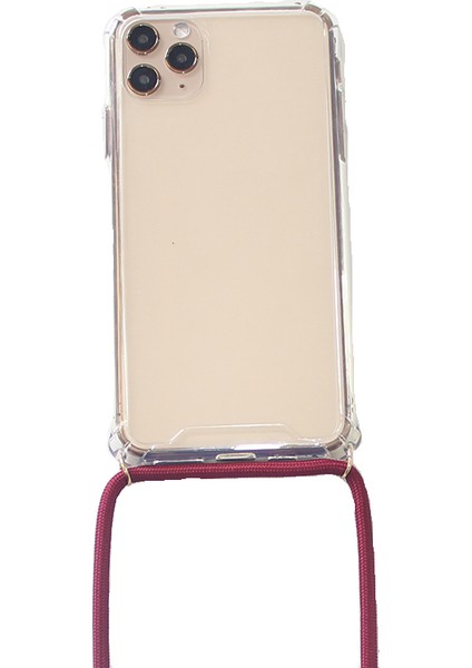 Apple iPhone 11 Pro Max Bordo Boyun Askılı İpli Silikon Kılıf Kapak
