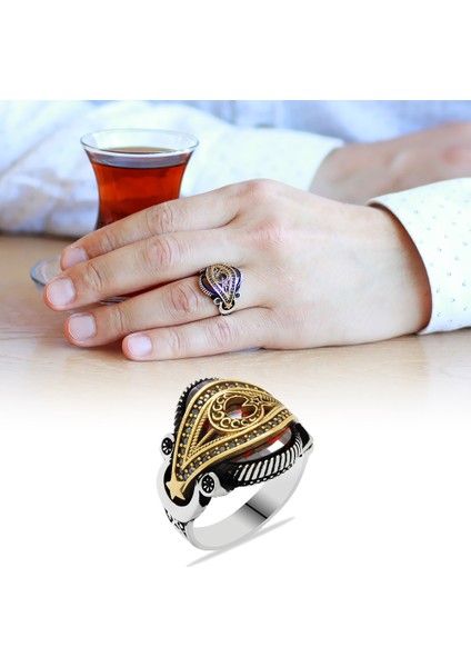 Kırmızı Zirkon Taşlı AyYıldız Kemerli 925 Ayar Gümüş Yüzük