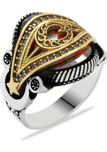 Kırmızı Zirkon Taşlı AyYıldız Kemerli 925 Ayar Gümüş Yüzük modelleri