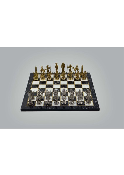 Metal Satranç Takımı Büyük Mısır Parlak Taş ve Düz Mermer Desenli Satranç Tahtası