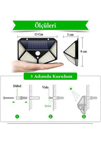 4 Adet Solar Bahçe Lambası 100 Ledli Sensörlü Solar Lamba Güneş Enerjili Bahçe Aydınlatma