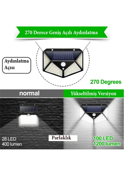 4 Adet Solar Bahçe Lambası 100 Ledli Sensörlü Solar Lamba Güneş Enerjili Bahçe Aydınlatma