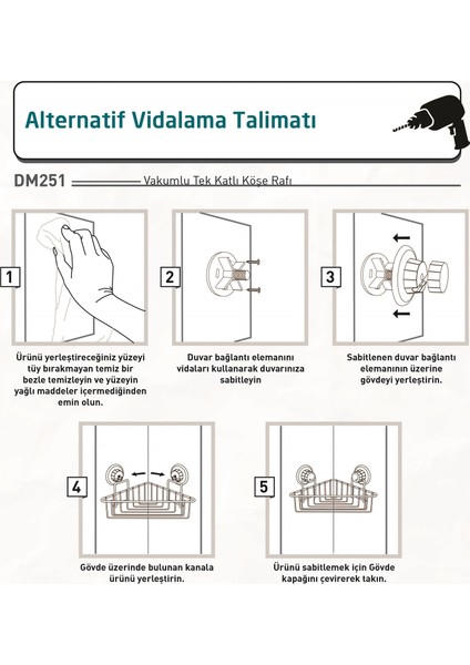Delme Vida Matkap Yok! Vakumlu Tek Katlı Banyo Köşe Rafı Mat Siyah Dm251