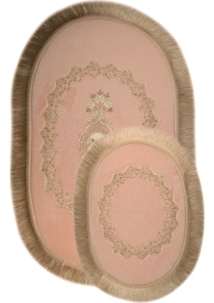 Exclusive Oval Pudra 2'li Klozet Takımı Çeyizlik Banyo Halısı Paspası Seti
