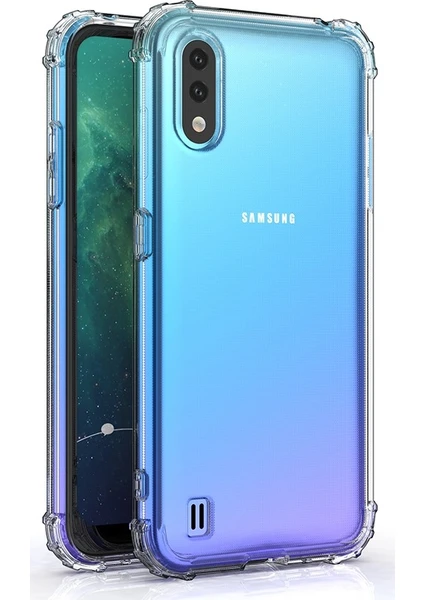 Samsung Galaxy A01 Şeffaf Airbag Antishock Köşeli Silikon Kılıf ve Temperli Ekran Koruyucu Cam