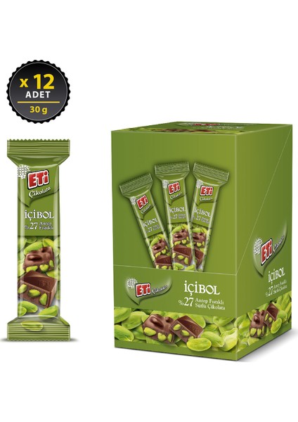 Çikolata %27 İçibol Antep Fıstıklı 30 g x 12 Adet