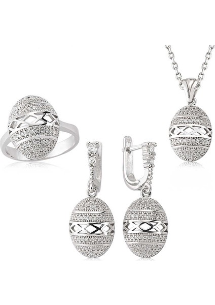 Gümüş Zirkon Taşlı Oval Kadın Set