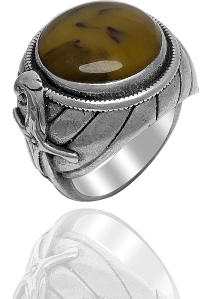 Padişah Motifli Sıkma Kehribar Taşlı Erkek Gümüş Yüzük