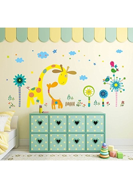 Fantasik Zürafa Çiçekler Bebek ve Çocuk Odası Duvar Dekoru