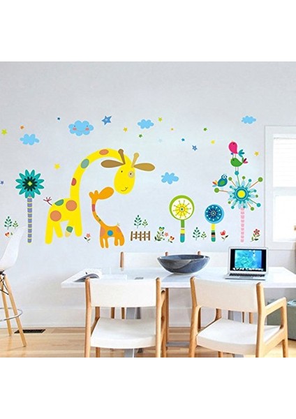Fantasik Zürafa Çiçekler Bebek ve Çocuk Odası Duvar Dekoru