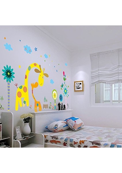 Fantasik Zürafa Çiçekler Bebek ve Çocuk Odası Duvar Dekoru