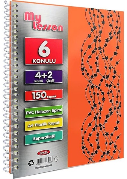 My Lesson A4 Plastik Kapaklı Defter 6 Konulu 4 Kareli + 2 Çizgili 150 Yaprak Açık Turuncu