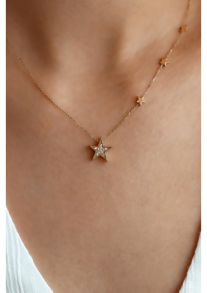 Sıralı Taşlı Yıldız Altın Kolye