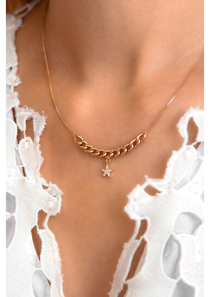 Modern Tasarım Taşlı Yıldız Altın Kolye