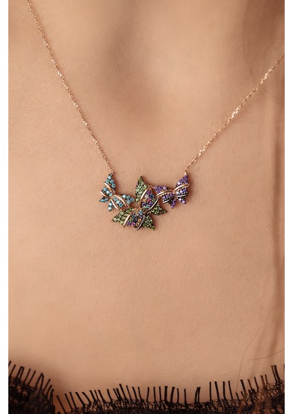 14 Ayar Taşlı Renkli Bahar Kelebekleri Kolye