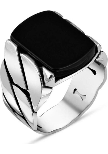 Parça Detaylı Siyah Oniks Taşlı Gümüş Erkek Yüzük