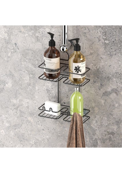 Asılabilir Kancalı Askılı Banyo Rafı Mat Siyah BK067