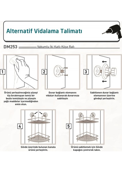 Vakumlu 2 Katlı Banyo Köşe Rafı Mat Siyah DM253