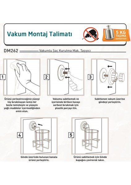 Vakumlu Fön Tutucu Fön Askısı Mat Siyah DM262