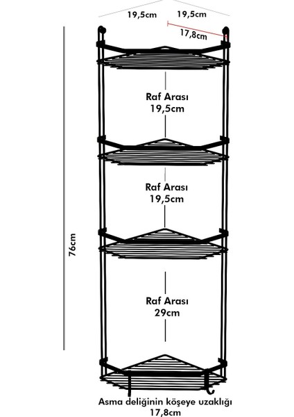 4 Katlı Kancalı Banyo Köşe Rafı Mat Siyah ES059H
