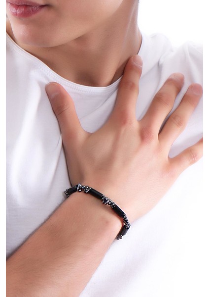 Erkek Asimetrik Hematit & Silindir Doğaltaş Bileklik