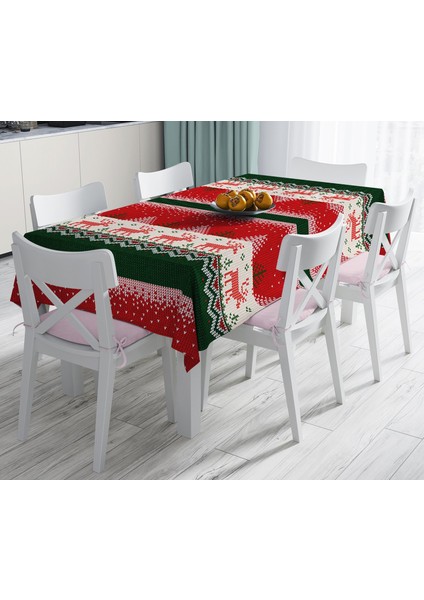 Yılbaşı Geyikleri ve Ağaçlar Baskılı Dekoratif Leke Tutmaz Masa Örtüsü 120 x 140 cm
