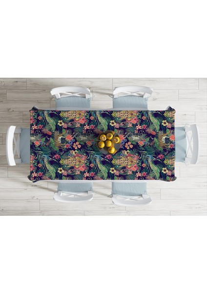 Lacivert Zeminli Amazon Ormanları Temalı Modern Leke Tutmaz Masa Örtüsü 120 x 140 cm