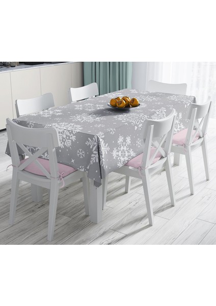 Gri Zeminli Kar Taneleri Temalı Modern Tasarım Dekoratif Leke Tutmaz Masa Örtüsü 140 x 180 cm