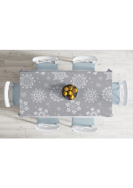 Gri Zeminli Kar Taneleri Temalı Modern Tasarım Dekoratif Leke Tutmaz Masa Örtüsü 140 x 180 cm