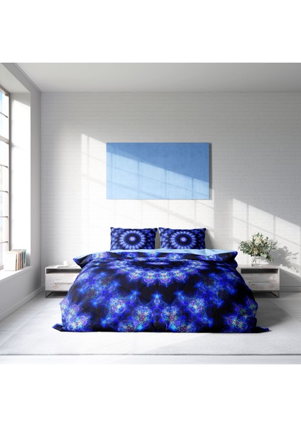 Blue Damask 3D Pamuk Saten Çift Kişilik Nevresim Takımı