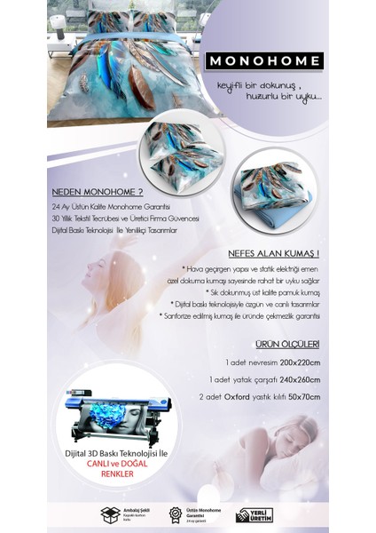 Blue Damask 3D Pamuk Saten Çift Kişilik Nevresim Takımı
