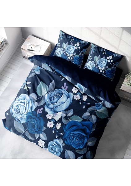 Blue Flower 3D Pamuk Saten Çift Kişilik Nevresim Takımı