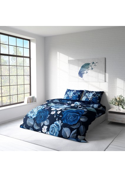 Blue Flower 3D Pamuk Saten Çift Kişilik Nevresim Takımı