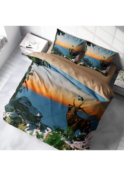 Deer 3D Pamuk Saten Çift Kişilik Nevresim Takımı