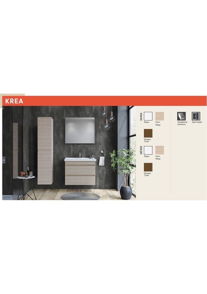 Krea 80 cm Kapaklı Set (Lavabo Dolabı+Ayna) Beyaz