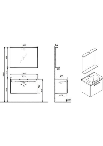 Grıs 100 cm Set - Siyah/gri (Lvb + Lvb Dlp + Ayd Etj Ayna)