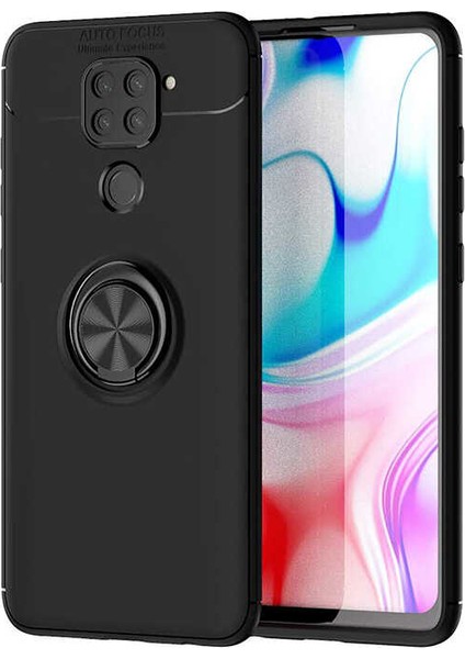 Xiaomi Redmi Note 9 Kılıf Ultra Korumalı Yüzüklü Manyetik Ravel Silikon Siyah + Tam Kaplayan 5D Cam Ekran Koruyucu
