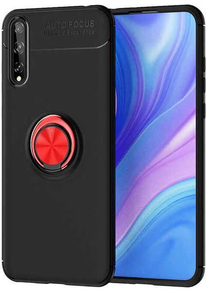 Huawei P Smart S (Y8P) Kılıf Ultra Korumalı Yüzüklü Manyetik Ravel Silikon Siyah Kırmızı + Nano Ekran Koruyucu