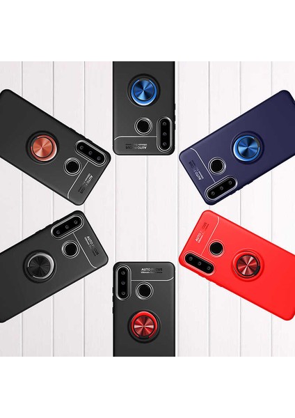 Huawei Y6P Kılıf Ultra Korumalı Yüzüklü Manyetik Ravel Silikon Siyah Kırmızı + Nano Ekran Koruyucu
