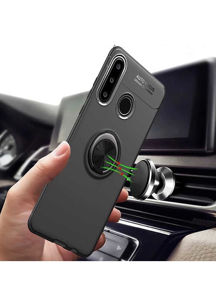 Huawei Y6P Kılıf Ultra Korumalı Yüzüklü Manyetik Ravel Silikon Siyah Kırmızı + Nano Ekran Koruyucu