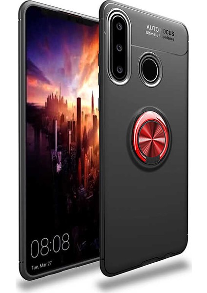 Huawei Y6P Kılıf Ultra Korumalı Yüzüklü Manyetik Ravel Silikon Siyah Kırmızı + Nano Ekran Koruyucu