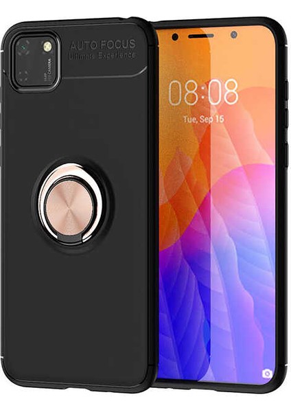 Huawei Y5P Kılıf Ultra Korumalı Yüzüklü Manyetik Ravel Silikon Siyah Rose + Nano Ekran Koruyucu