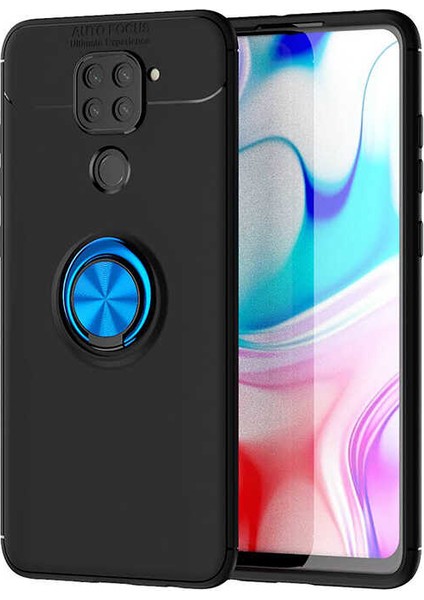 Xiaomi Redmi Note 9 Kılıf Ultra Korumalı Yüzüklü Manyetik Ravel Silikon Siyah Mavi + Nano Ekran Koruyucu