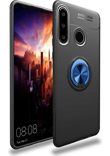 Huawei Y6P Kılıf Ultra Korumalı Yüzüklü Manyetik Ravel Silikon Siyah Mavi + Cam Ekran Koruyucu