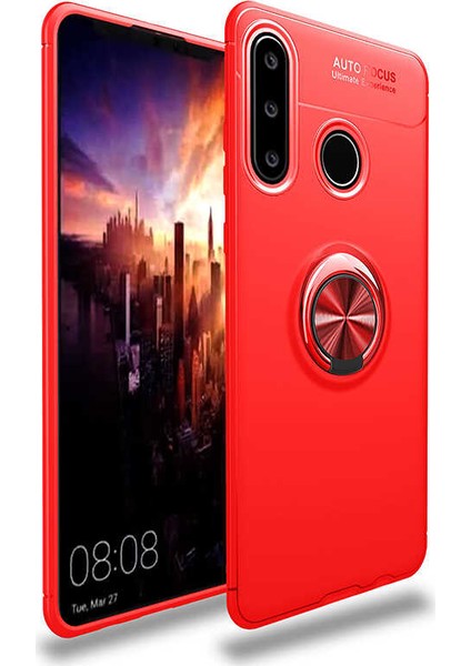 Huawei Y6P Kılıf Ultra Korumalı Yüzüklü Manyetik Ravel Silikon Kırmızı + Cam Ekran Koruyucu
