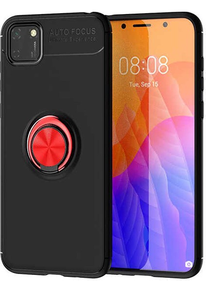 Huawei Y5P Kılıf Ultra Korumalı Yüzüklü Manyetik Ravel Silikon Siyah Kırmızı + Cam Ekran Koruyucu