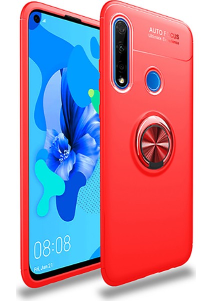 Huawei P40 Lite E Kılıf Ultra Korumalı Yüzüklü Manyetik Ravel Silikon Kırmızı + Cam Ekran Koruyucu